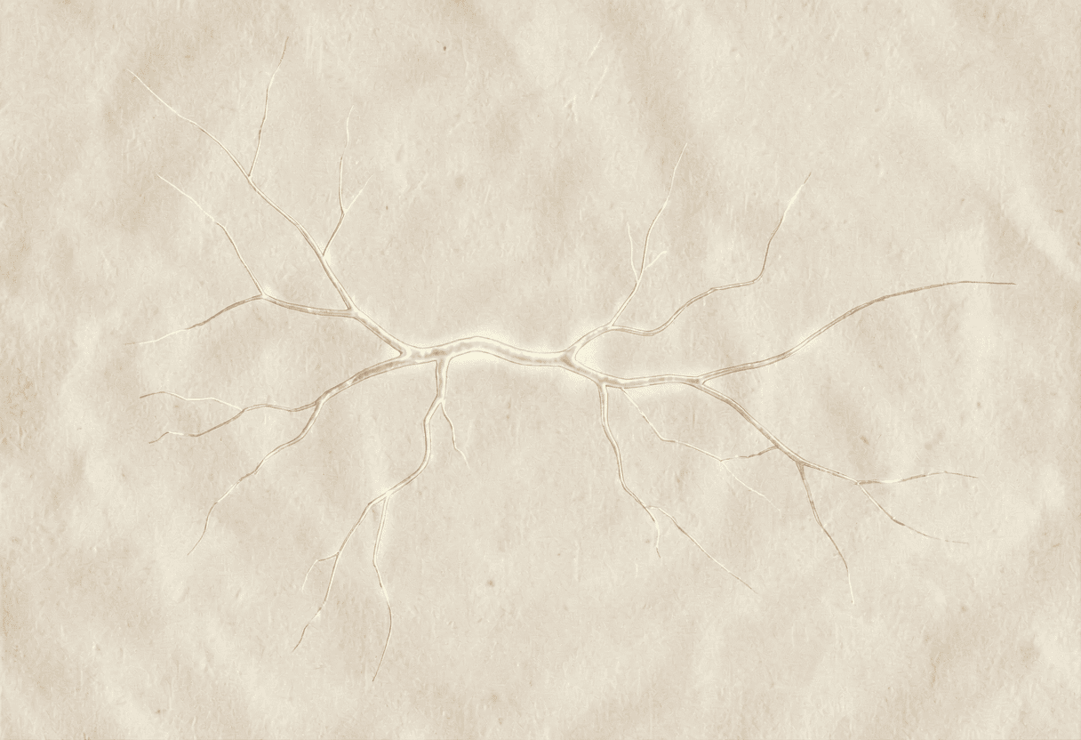 Hand-drawn study of a single neuron with branching dendrites on textured paper.