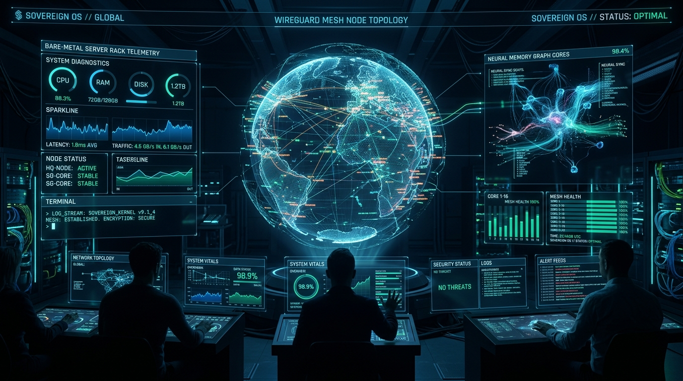 Bitware Labs AI Command Central: Sovereign OS holographic deck, WireGuard mesh node topology, neural memory graph cores, and bare-metal server rack telemetry.